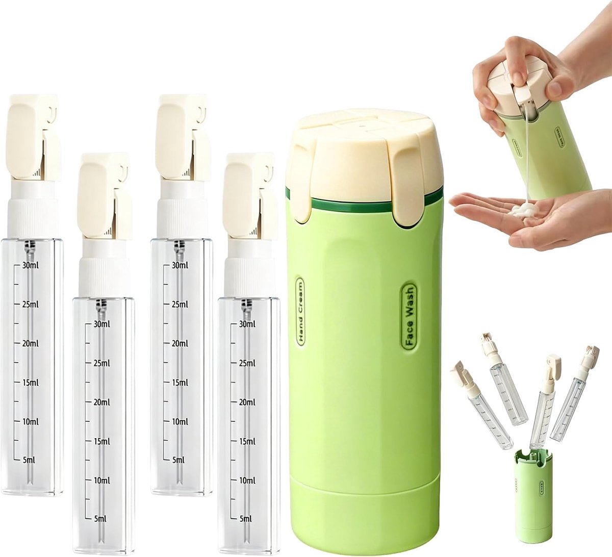 4-in-1 reisdispenser, navulbaar, lekvrij, draagbare reisflessen voor shampoo, draagbare siliconen reisflessen, reisgadgets, vliegtuigdispenser, voor shampoo, crème, spoeling, lichaamsverzorging (groen