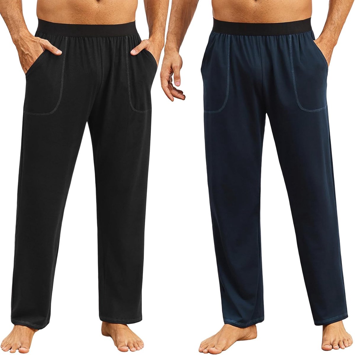 Pyjamabroek voor heren, katoenen broek, lange pyjamabroek, huisbroek met 2 zakken, comfortabele brede effen broek, S-3XL