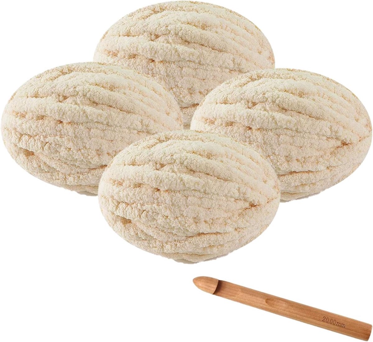 Set 4×250g Yarn Knitting with Large Crochet Hook, 27m Thick Diy Soft Wool for Scarves Hats Blankets Pet (Beige)