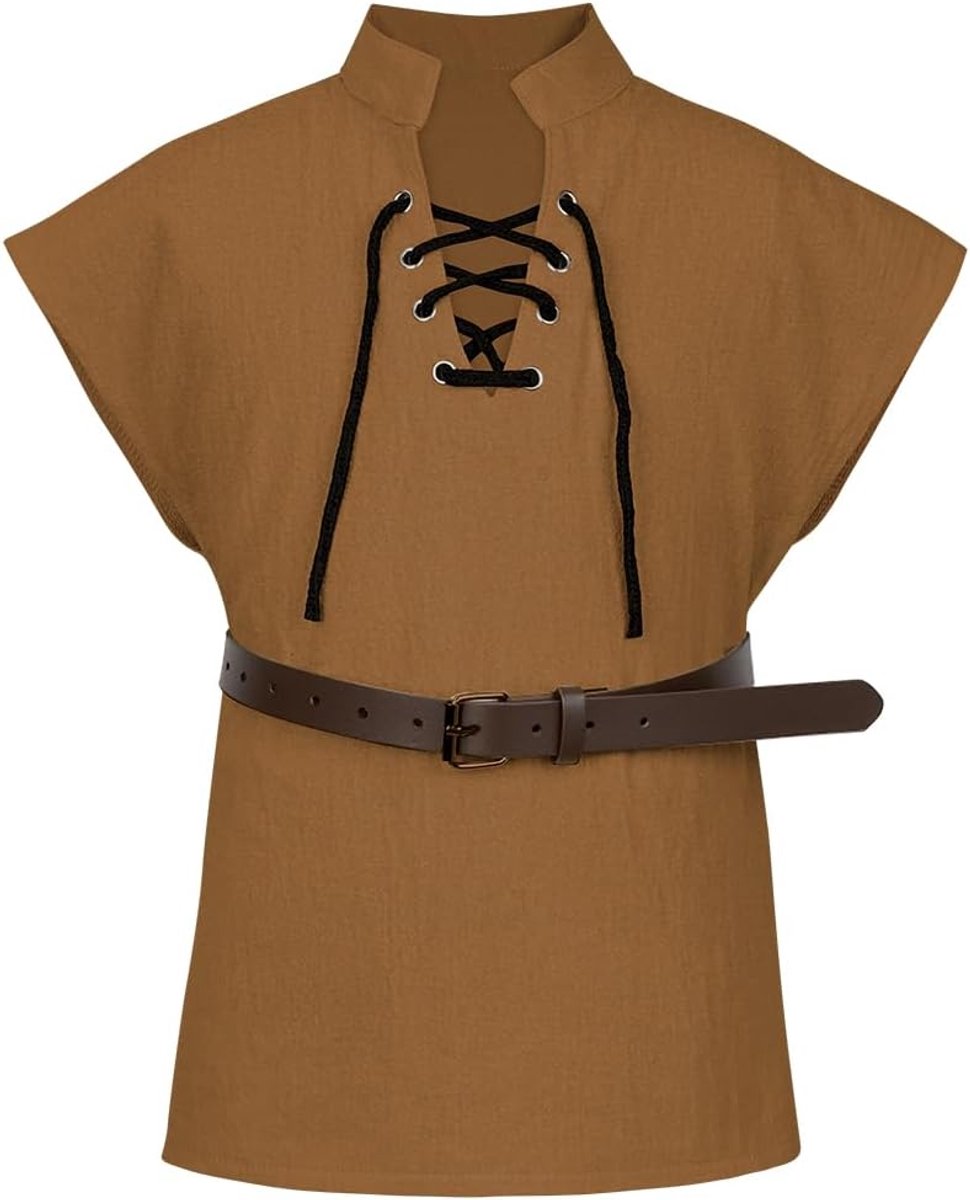 Renaissance piraat mouwloze T-shirts, kinderen middeleeuwse vetersluiting top met riem V-hals mouwloos front vetersluiting split vest middeleeuws vest voor Halloween carnaval cosplay
