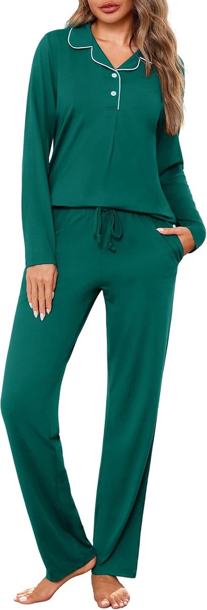 Damespyjama van katoen, tweedelige pyjama voor dames, winter, bovendeel met open voorkant en knopen en lange broek met zakken, comfortabel, casual