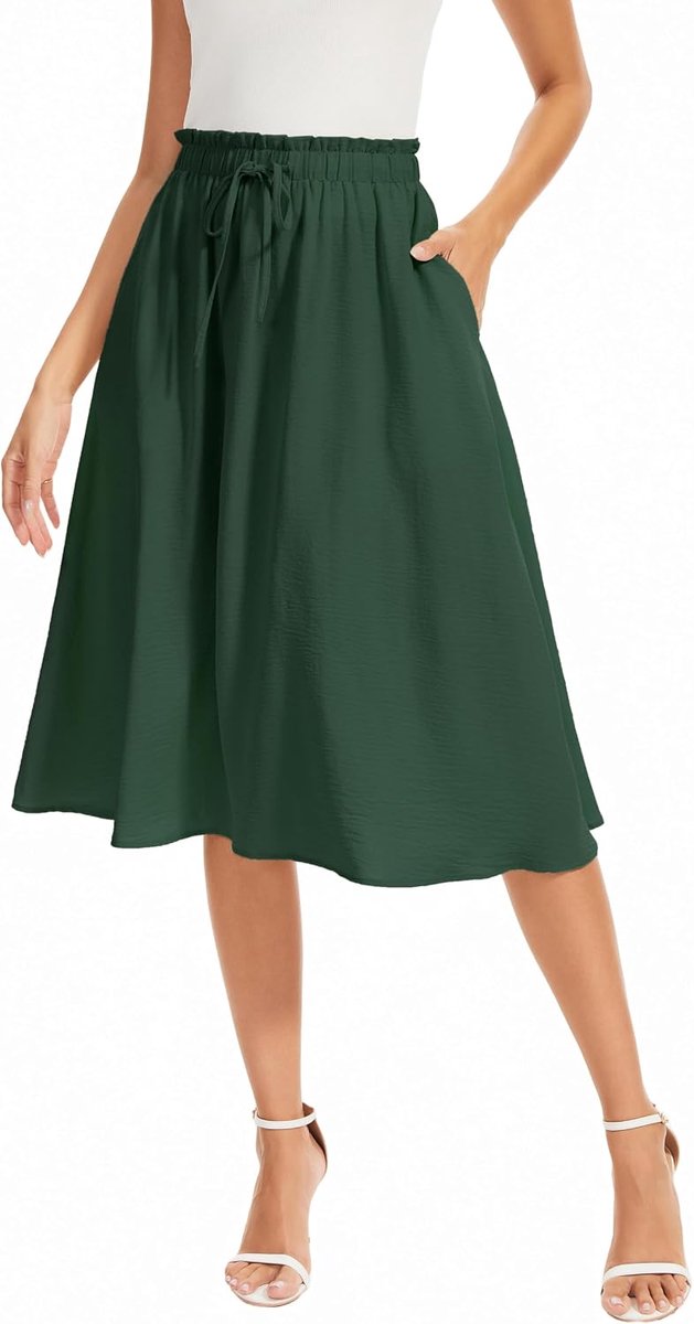 Rokken voor Vrouwen A-Lijn Elegante Hoge Taille Midi-Rok Met Trekkoord Zomer Lichtgewicht Casual Met Zakken