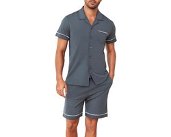 Pyjama voor heren, 100% katoen, met knopen, lichte zomerpyjama met korte mouwen en korte broek, comfortabel voor thuis, op reis en ontspanning