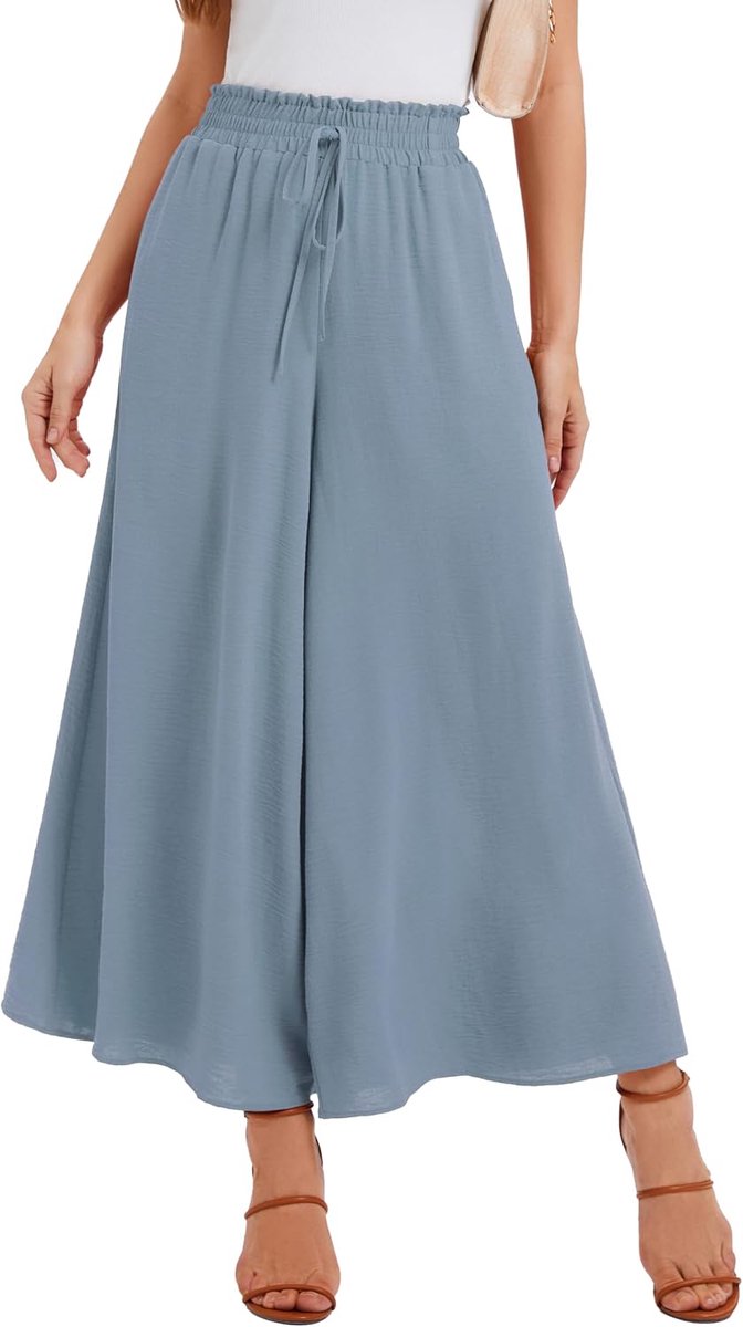 Pantalon voor Dames Zomer Elastische Hoge Taille met Trekkoord Luchtig Palazzo Broek Met 2 Zakken Voor Dagelijks Gebruik & Vrije Tijd