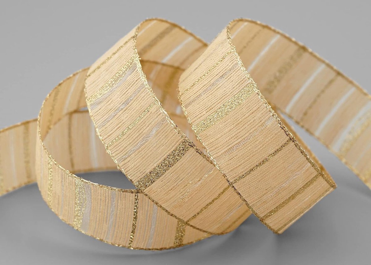20 m x 25 mm decoratielint matrix gouden strepen beige lint halftransparant stoffen lint Lurex glanzende vormvaste lint cadeaulint Kerstmis decoreren gestreepte strepen