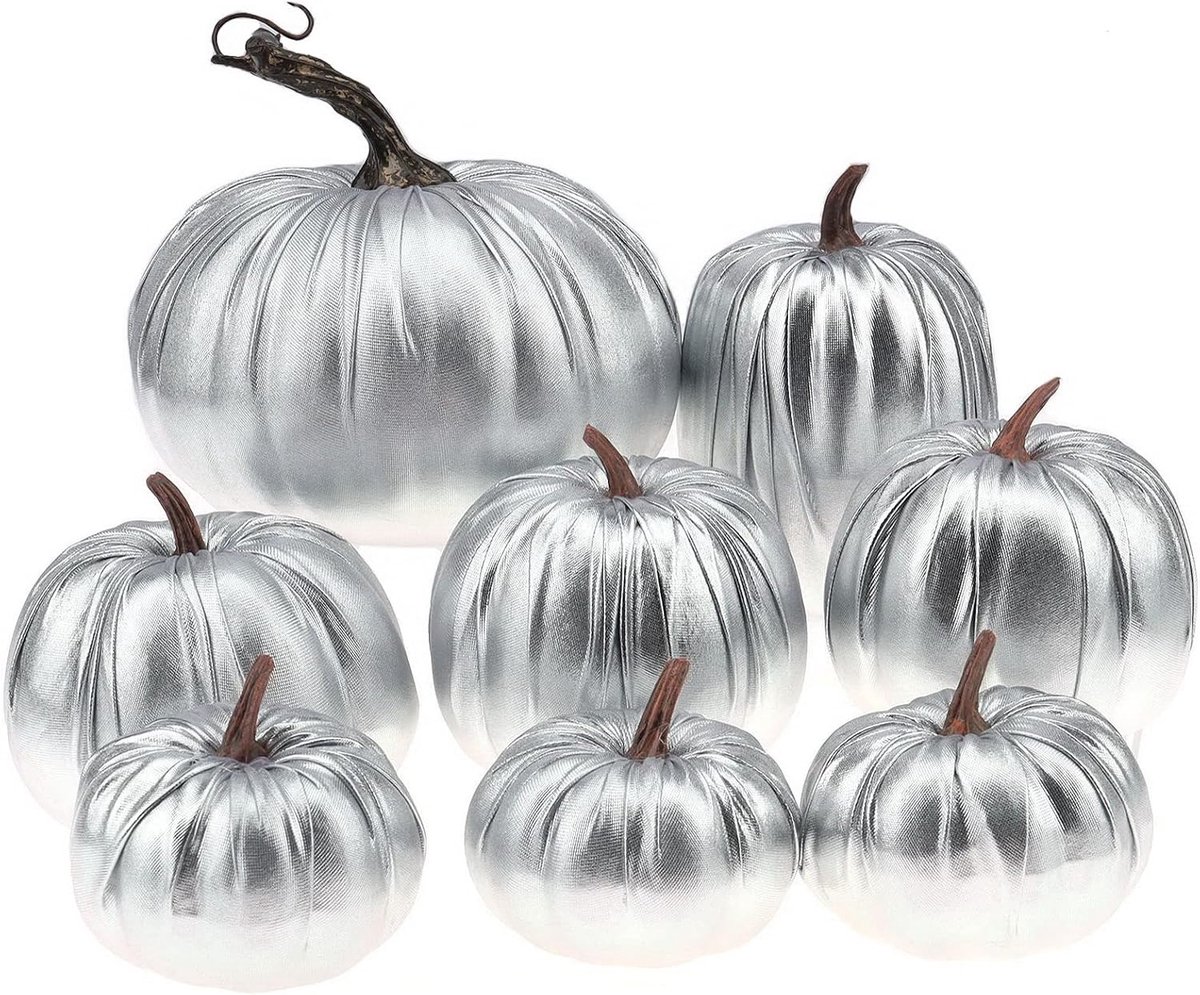 8pcs Geassorteerd Maat Kunstmatig Handgemaakt Zilver Leer Pompoen Nep Herfst Oogst Halloween Decoratie Woonaccessoires Keuken
