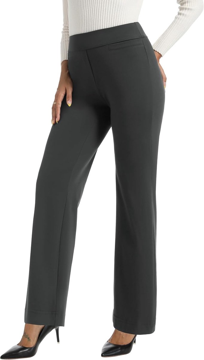 Damesbroek met hoge taille, elegante stretch, wijde pijpen, zakelijk, broek, werk, kostuumbroek, losse rechte broek met zak