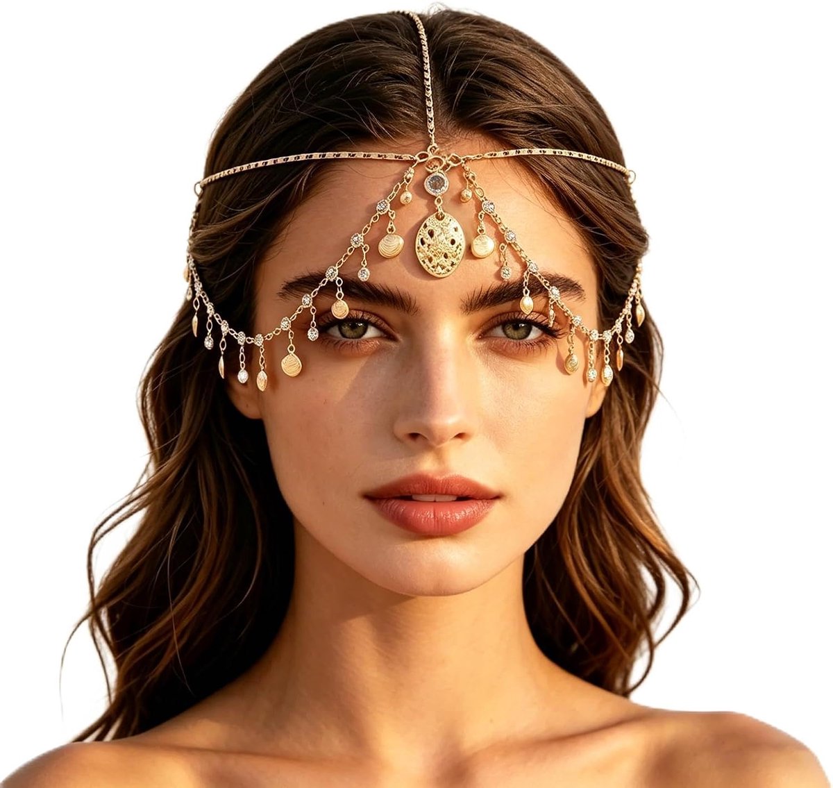 Hoofdketting goud – hoofdtooi & sieraden waarzegaar met stras, pailletten en kwastjes, boho-haarketting voor vrouwen, festivalkostuum accessoire