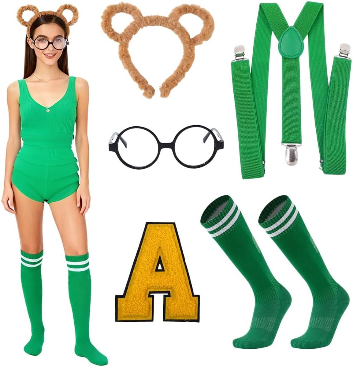 5-delige eekhoornkostuumset, accessoires voor eekhoorns, eekhoornoren, kniekousen voor dames, zwarte bril en geborduurde sticker met letter A voor feestjes en cosplay
