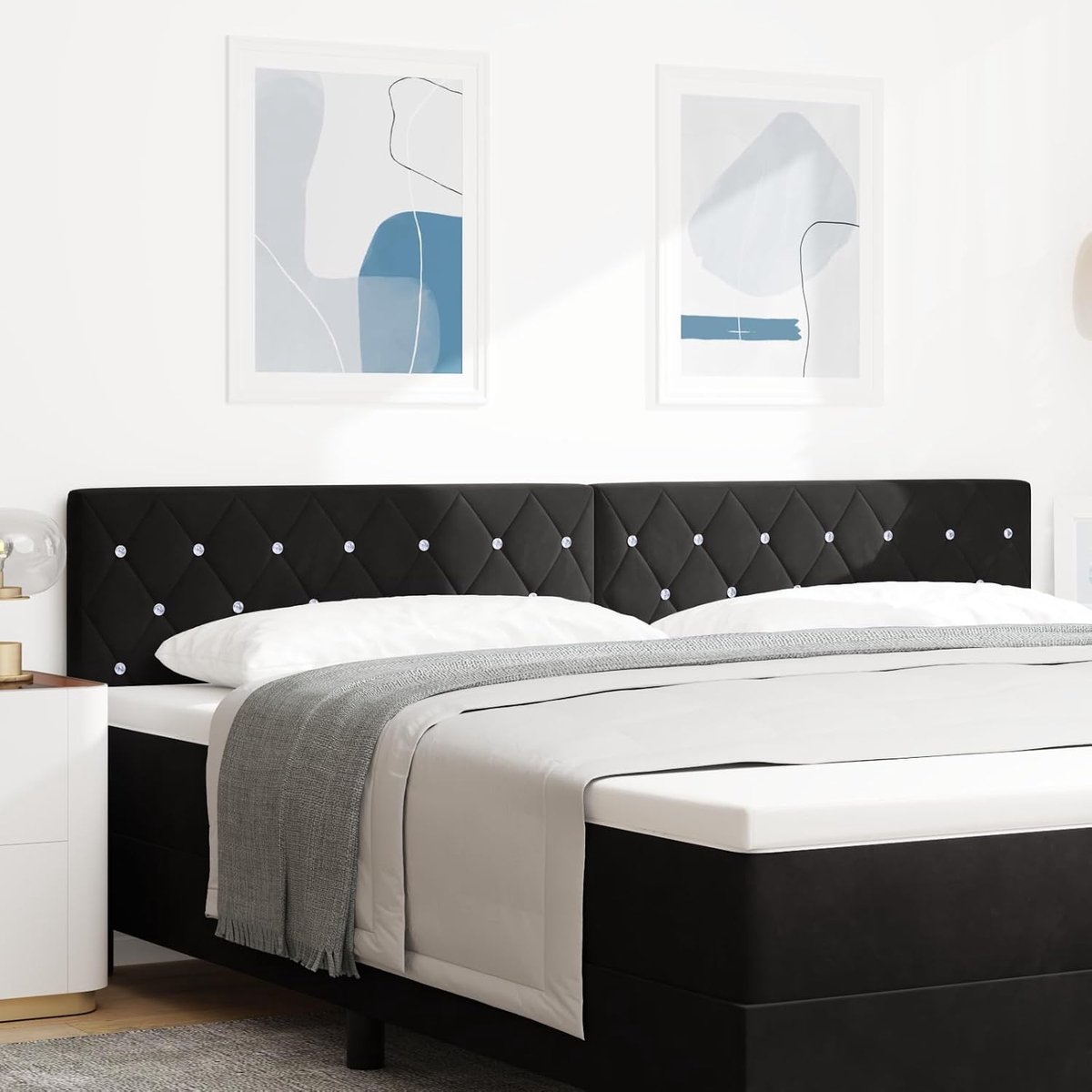 Hoofdeinde met kristallen knopen, zwart, 200 cm, fluweel, in hoogte verstelbaar, massief grenenhout, modern slaapkamerdesign
