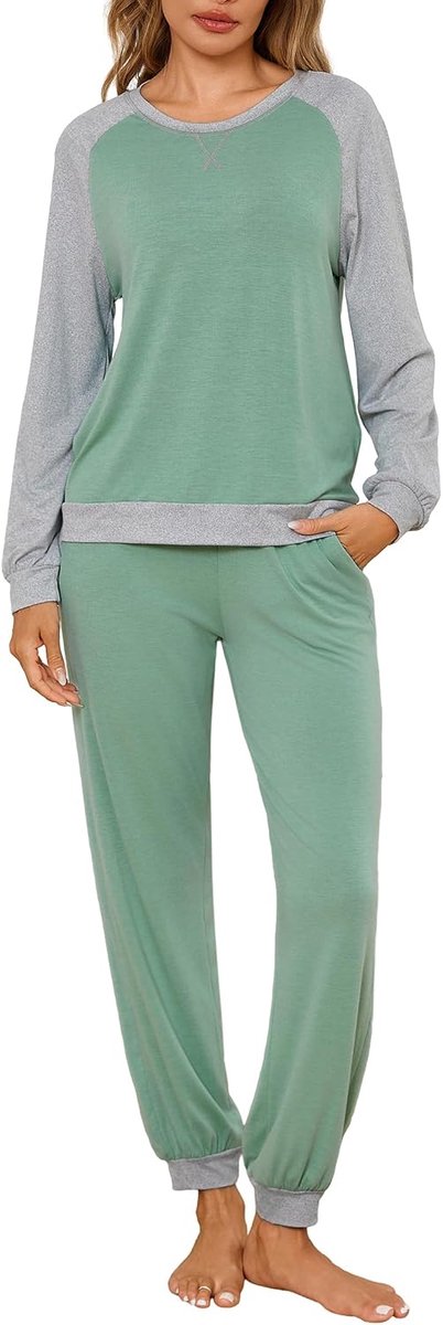 Pyjama voor vrouwen met raglanmouwen winter lange pyjamaset kleurblokkerende lichtgewicht nachtkleding pyjama top en slaapbroek met zakken