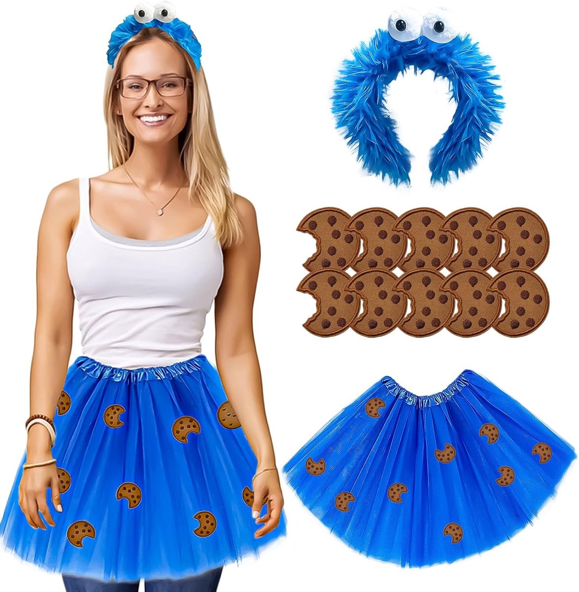 Kruimelmonsterkostuum voor dames en meisjes, carnaval, koekjesmonsterkostuum, tule rok + koekjesmonster-haarband + koekjesstickers, voor carnaval, Halloween, maskerade, cosplay