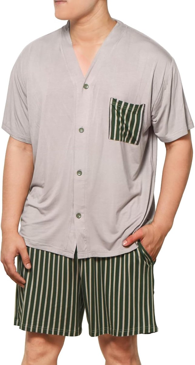 Modal herenpyjama, set shorts en T-shirt, set van 2 pyjama's voor heren, zachte loungewear V-hals met knoopsluiting, zomernachtkleding