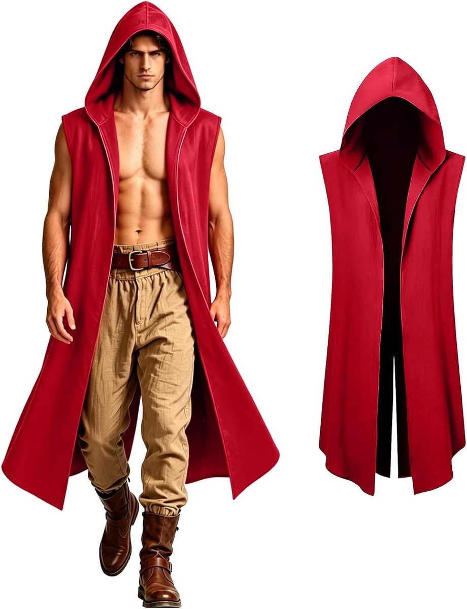 Cape, surcoat, Vikingcape, renaissance capuchon, mouwloos, kostuum voor Halloween Assassin Cosplay
