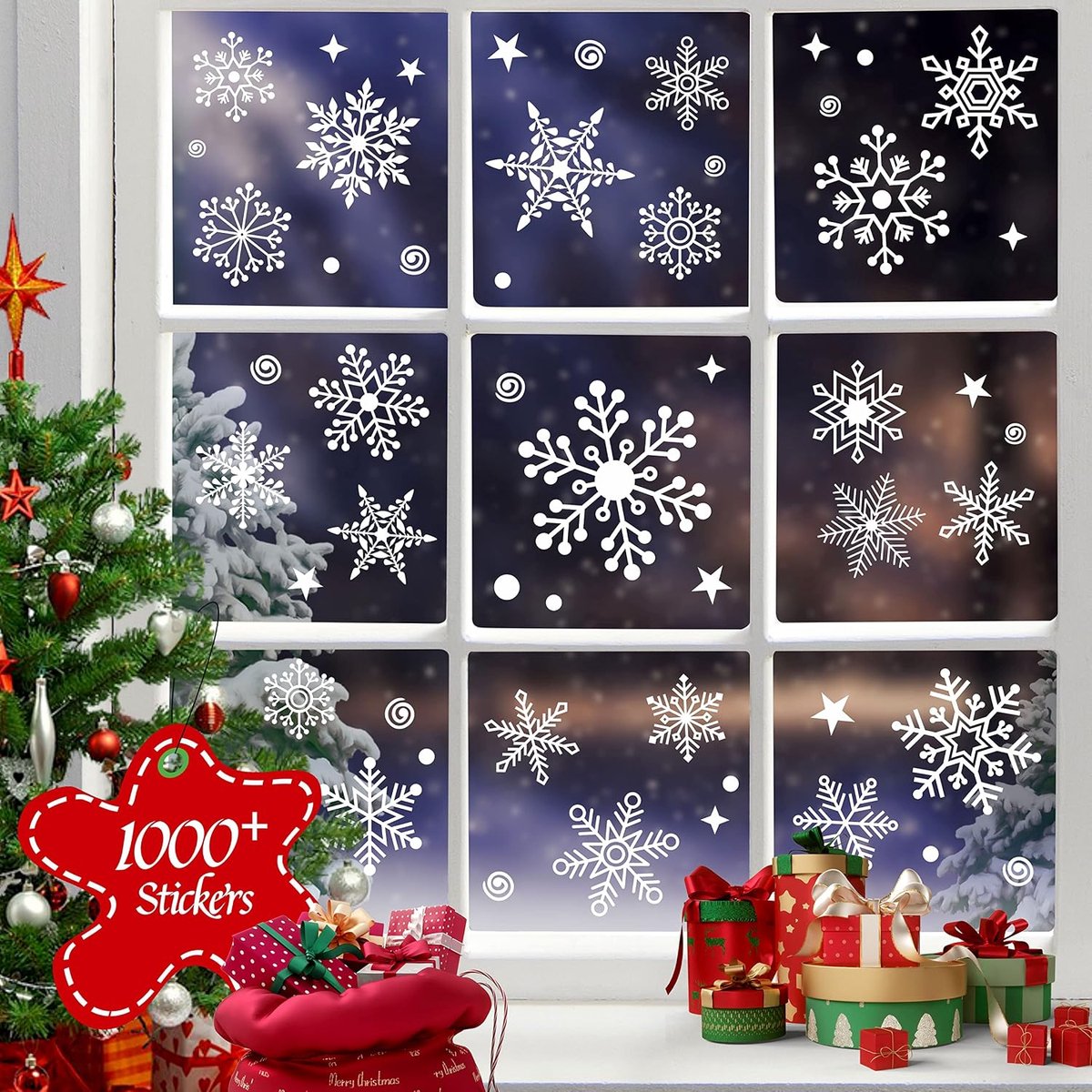 1000+ stuks kerstraamklampen, 25+ ontwerpen sneeuwvlok statische stickers, raamdecoratie kerstversieringen, herbruikbare bevroren feestbenodigdheden, nieuwjaarsstickers voor de wintervakantie (10 vel)