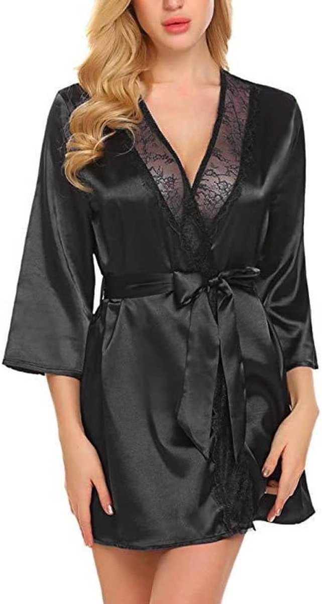 Kimono-badjas voor dames, sexy kanten zijdeachtige satijnen badjas voor bruid, bruidsmeisje, lingerie, badjassen, diepe V-hals, ochtendjas, klaarmaken, nachtkleding, zachte nachtjapon met