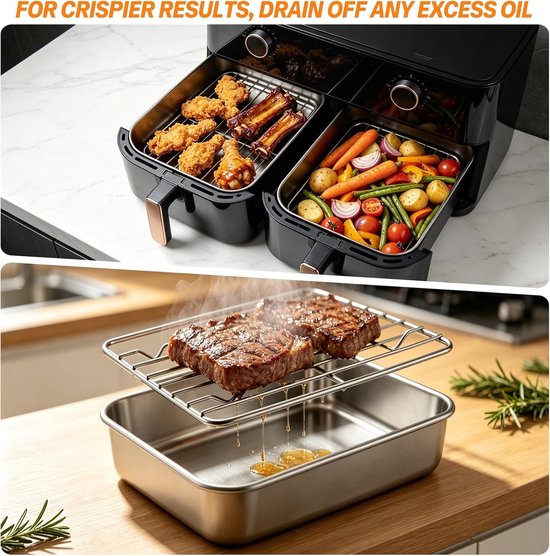 304 roestvrijstalen airfryer-inlegbakken (20 x 15 x 8 cm), set van 15 stuks airfryer-accessoires voor Ninja Double Zone AF400/451/300EU met dubbele mand, vaatwasmachinebestendige — afbeelding 2