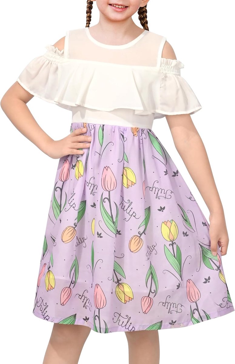 Koude schouder Jurk Chiffon Ruchesmouwen Wit En Purper Tulp Bloemenprint 6-8 jaar