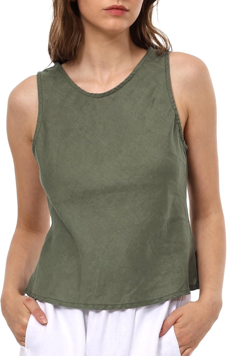 Linnen tanktops voor dames, zomer, tanktops, mouwloos, blousetops, linnen tops, basic vest, shirt, top, ronde hals, casual, los vest, bovendeel