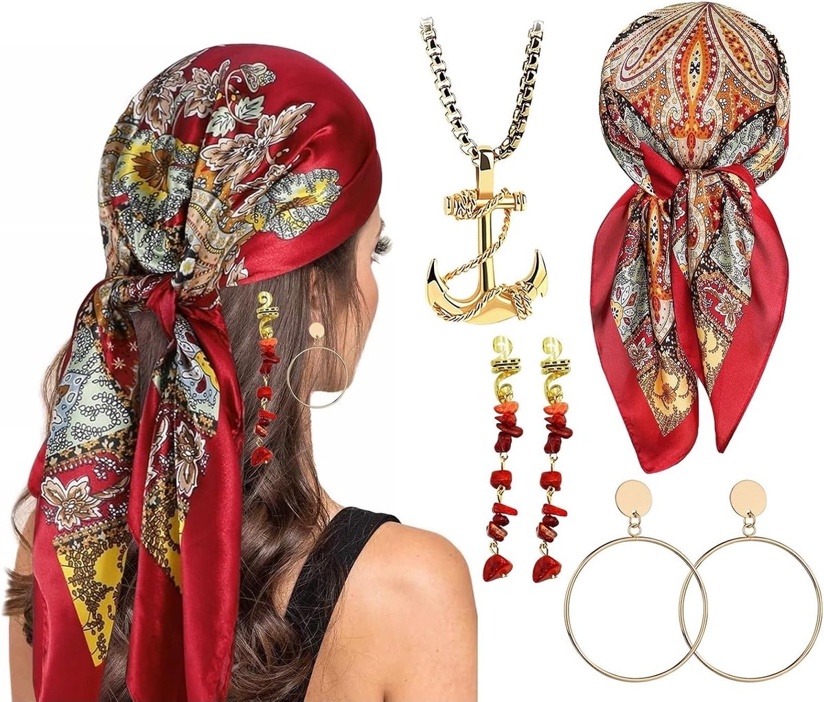5 stuks piratenkostuum-accessoires, accessoires voor piratenkapiteinkostuum, hoofdband, riem, halsketting, masker, voor Halloween, carnaval en themafeesten