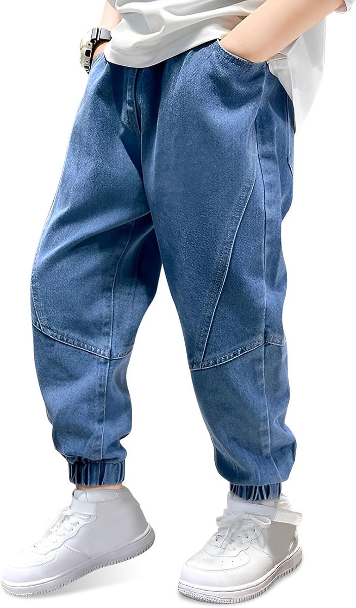 Jeans broek kids baggy casual denim broek met elastische tailleband en zakken loose fit zachte denim broek stretch jongens casual broek zonder knopen voor 6-14 jaar, maat 122-164