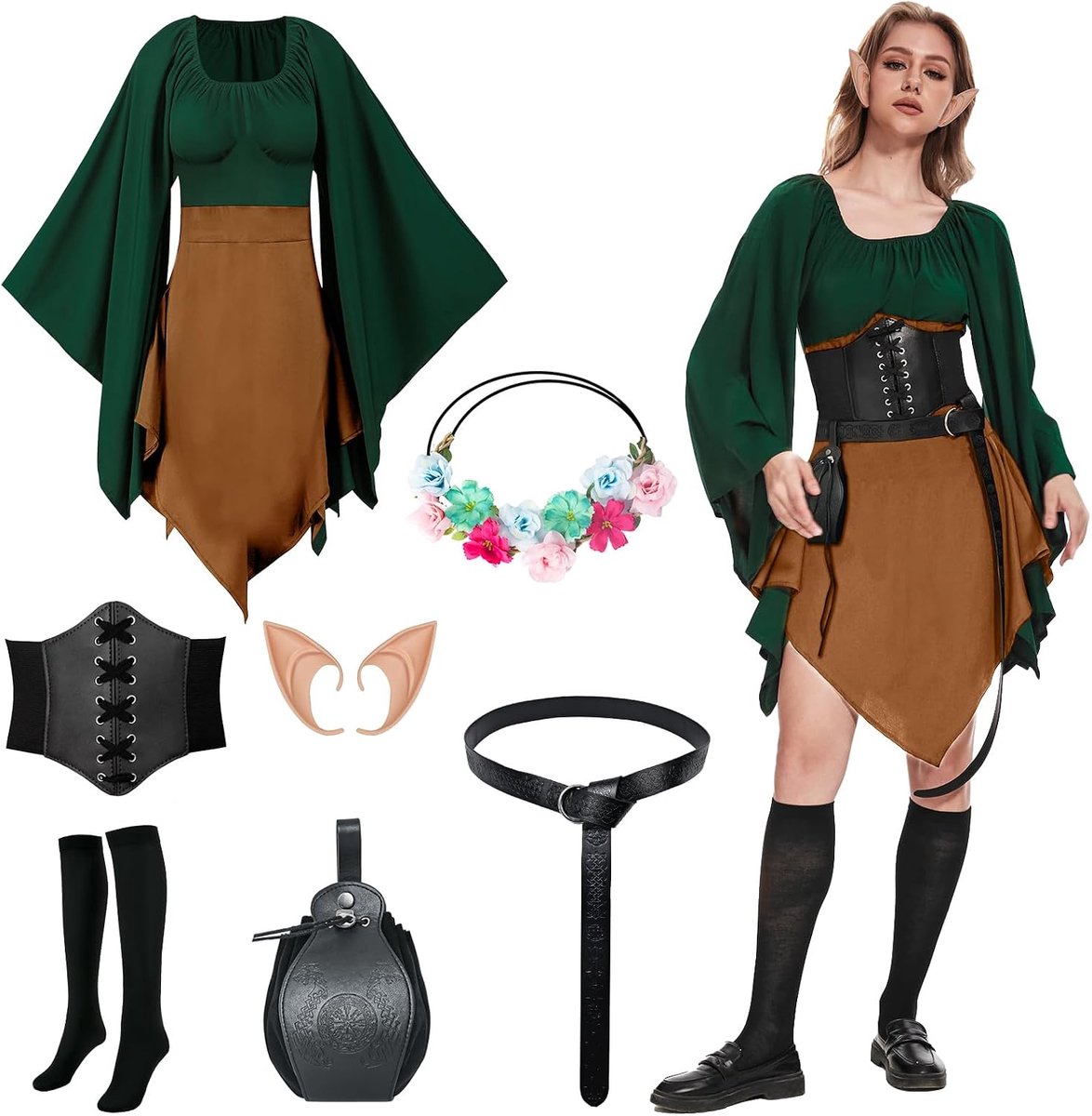 Kleding voor dames, Ierse jurk, jurk, renaissance, elfen, cosplay kostuum, set 8 stuks met elfenoren, elfenhoofdringen, riem, vintage zakken, rokclips, overknee-sokken en leren
