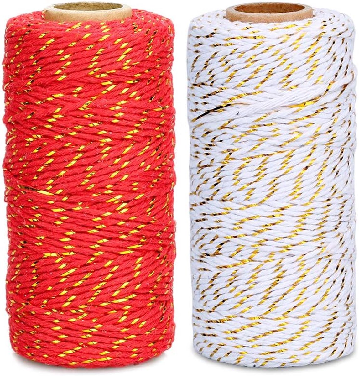 Inpakkoord, 2 mm rood en wit katoenen touw met gouden koord voor geschenkverpakking, doe-het-zelf ambachten, vakantietags en decoraties, 2 x 100 m