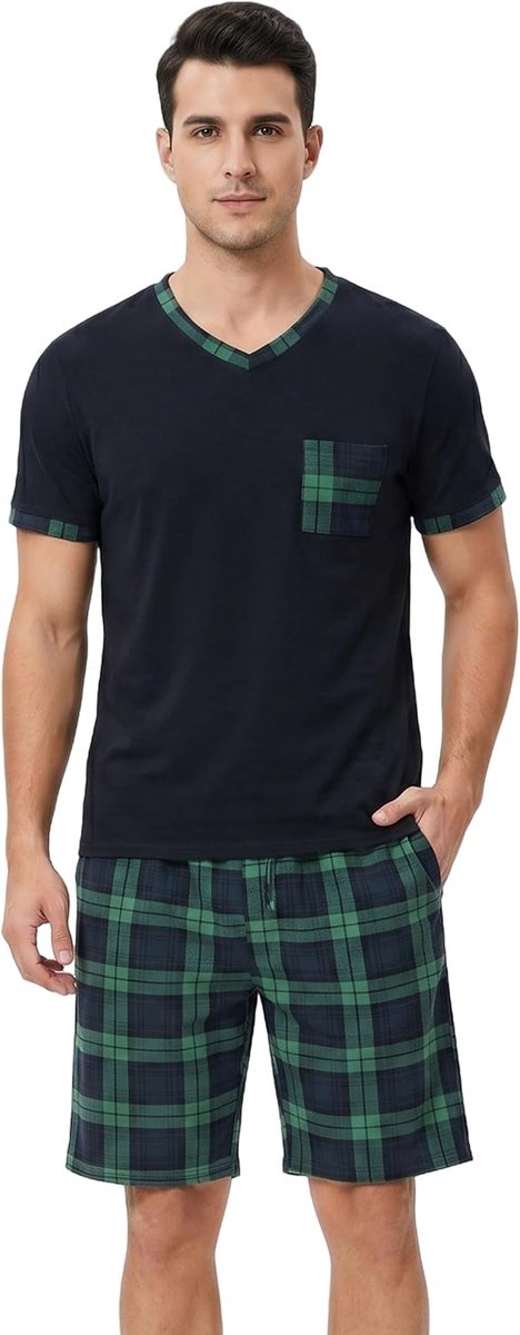 Herenpyjama-set met V-hals en korte mouwen en geruite shorts met zakken, zachte nachtkleding voor heren, pyjamasets, zomerloungewear