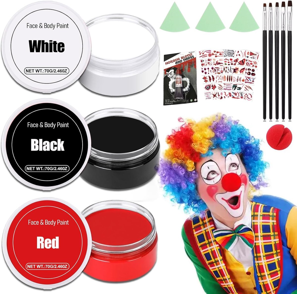 Make-up, zwart, wit, rood, make-up met 5 kwasten, Halloween vampiermake-up, crème, gezicht, lichaamskleur, SFX, Joker, gothic, zombie, make-up voor volwassenen en kinderen, carnaval