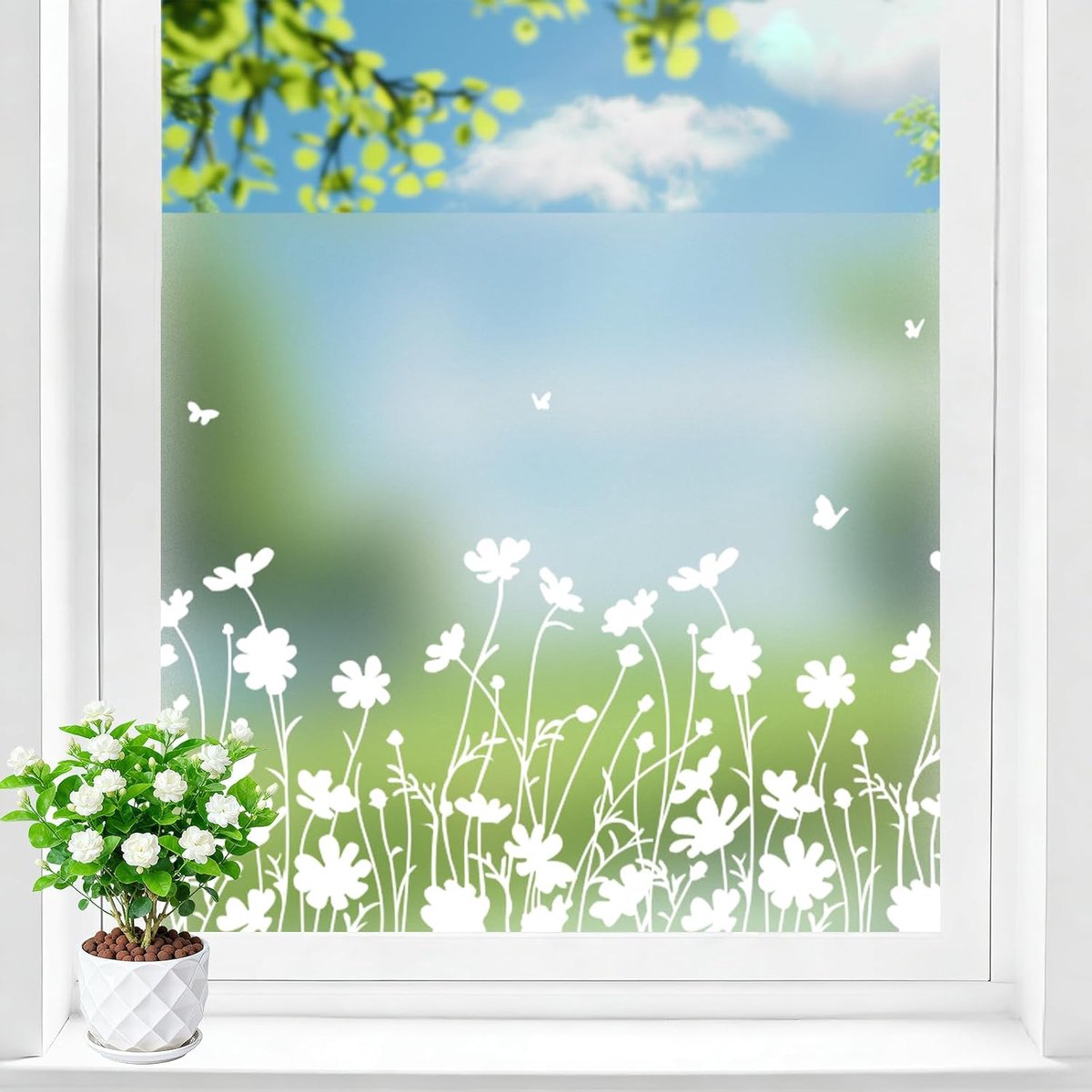Inkijkwerende raamfolie, bloemenmotief, uv-bescherming en privacy, op maat te snijden, statisch, zonder lijm, 60 x 200 cm, voor badkamer, slaapkamer, kantoor, decoratie - C022