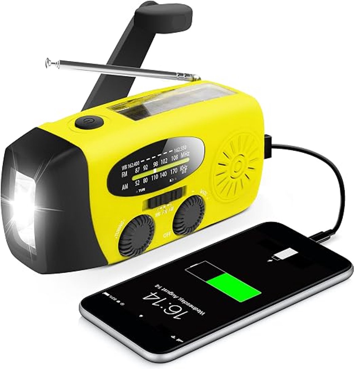 Draagbare Noodradio - Wind-Up Solar Radio - Noodradio - Opwindbare Survivalradio - Solar Powerbank - voor Outdoor, Caravan, Festival en Stroomuitval - geel