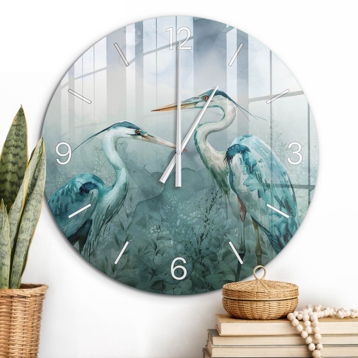 ArtPrintCave Blauw Glazen Klok - Wandklok 60 cm - Muurklok Rond - Vogels Natuur Stille Wandklok - Natuur Wandklok Keuken - Witte Klokwijzers