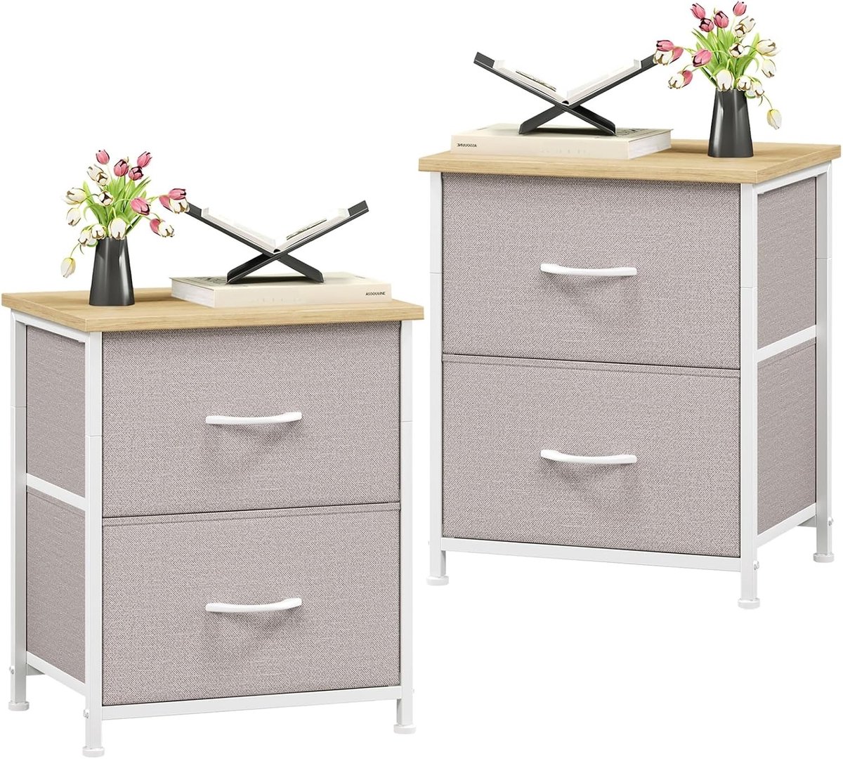 Vellaro Bijzettafel set - Asgrijs - 30D x 42B x 50H cm - Nachttafels met 2 Stoffen Lades - Voor Slaapkamer en Woonkamer