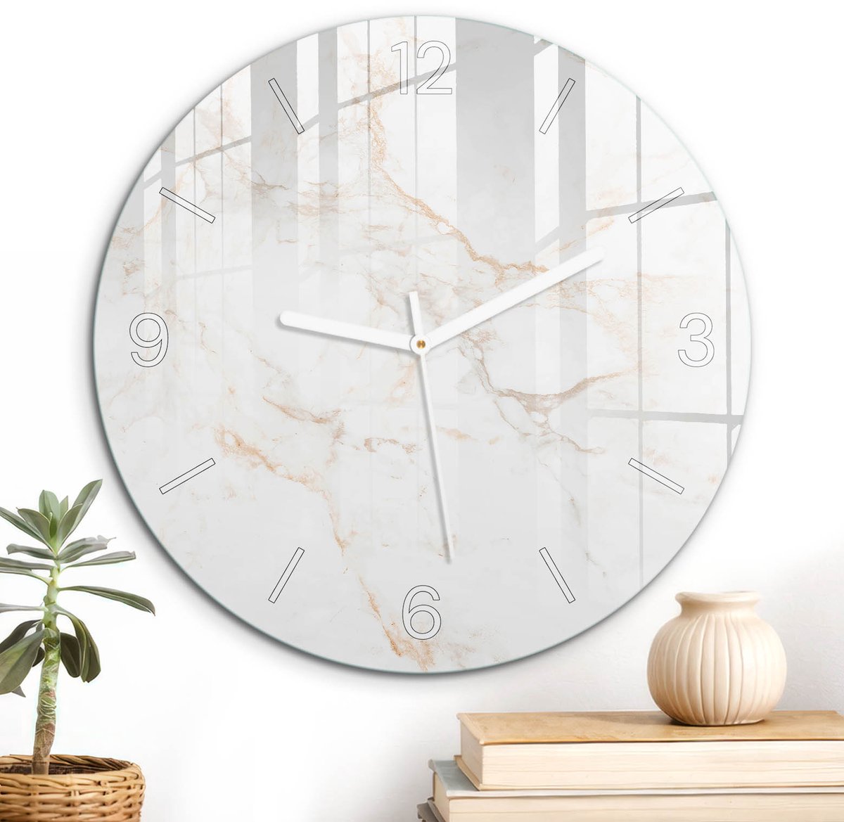 ArtPrintCave Wit Glazen Klok - Wandklok 30 cm - Muurklok Rond - Marmeren Elegantie Stille Wandklok - Kunst Wandklok Keuken - Witte Klokwijzers