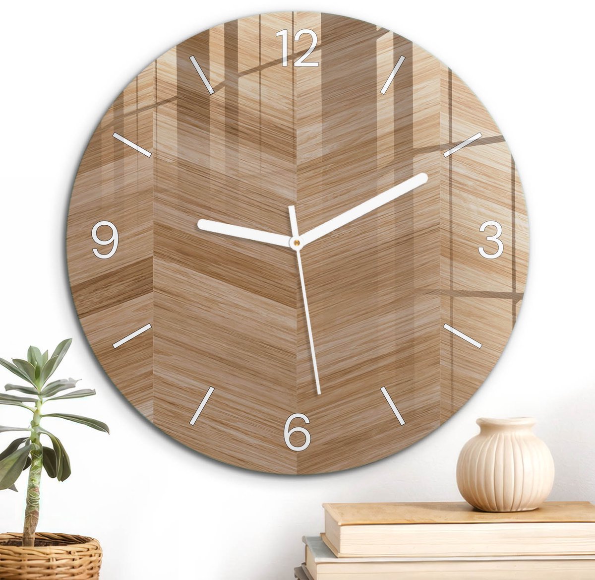 ArtPrintCave Bruin Glazen Klok - Wandklok 30 cm - Muurklok Rond - Houten Chevron Unieke Klok - Achtergronden En Patronen Stille Wandklok - Witte Klokwijzers