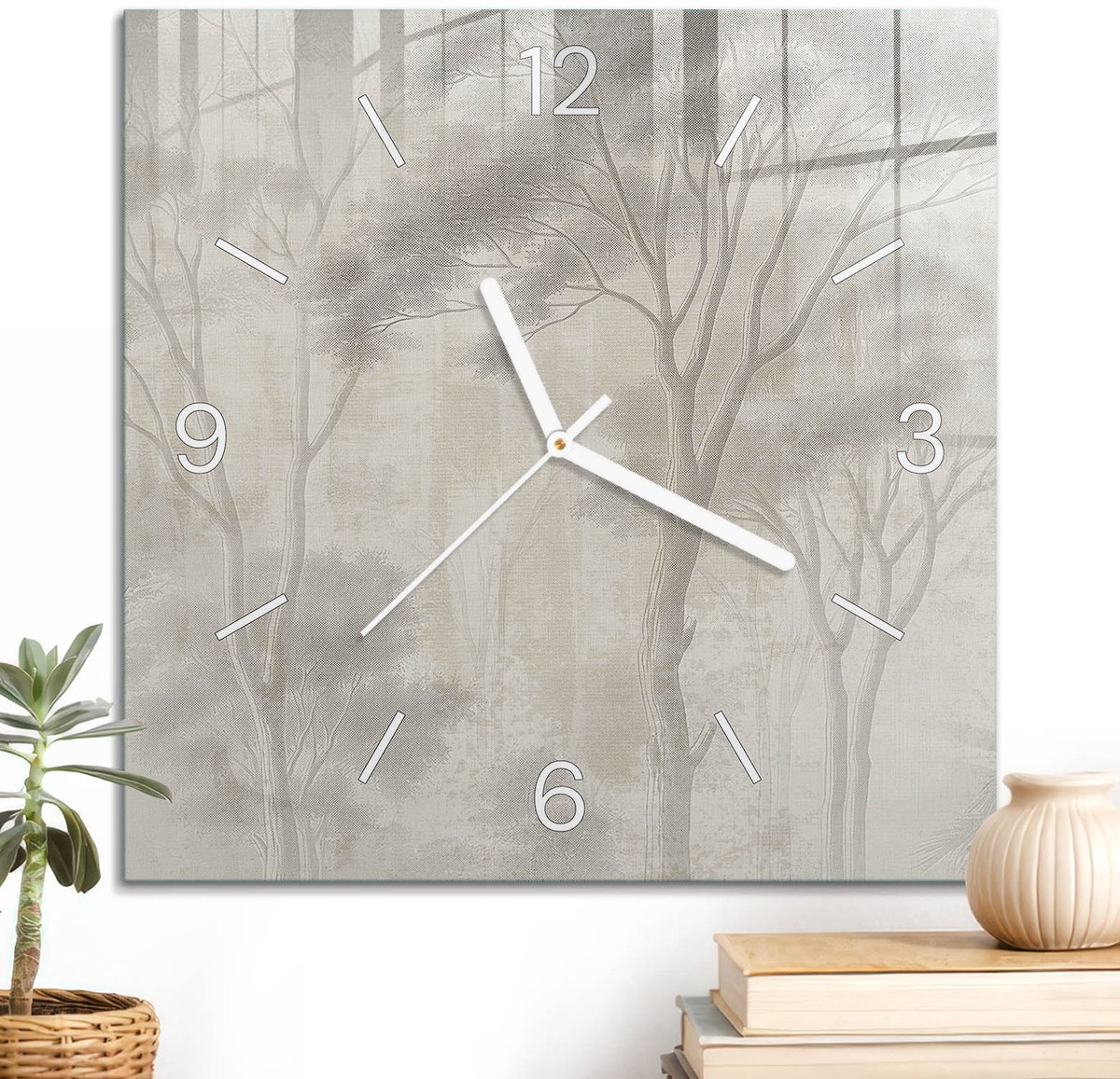 ArtPrintCave Grijs Glazen Klok - 30x30 cm - Wandklok Vierkant - Woody Subtiliteit Stille Wandklok - Kunst Wandklok Keuken - Witte Klokwijzers