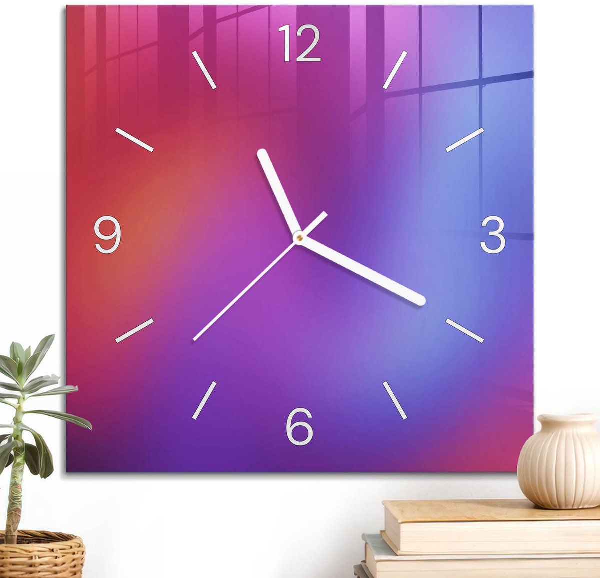ArtPrintCave Paars Glazen Klok - 30x30 cm - Wandklok Vierkant - Kleurrijke Abstractie Stille Wandklok - Achtergronden En Patronen Wandklok Keuken - Witte Klokwijzers