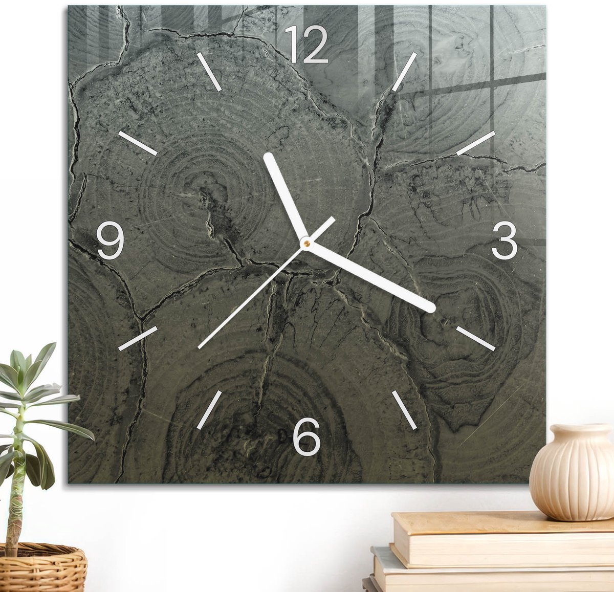 ArtPrintCave Grijs Glazen Klok - 30x30 cm - Wandklok Vierkant - Natuurlijke Cirkels Wandklok Keuken - Texturen Unieke Klok - Witte Klokwijzers