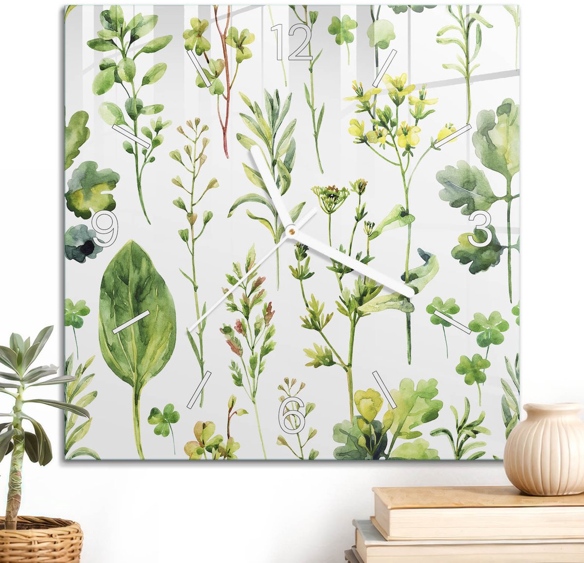 ArtPrintCave Groene Glazen Klok - 30x30 cm - Wandklok Vierkant - Groene Planten Unieke Klok - Natuur Stille Wandklok - Witte Klokwijzers