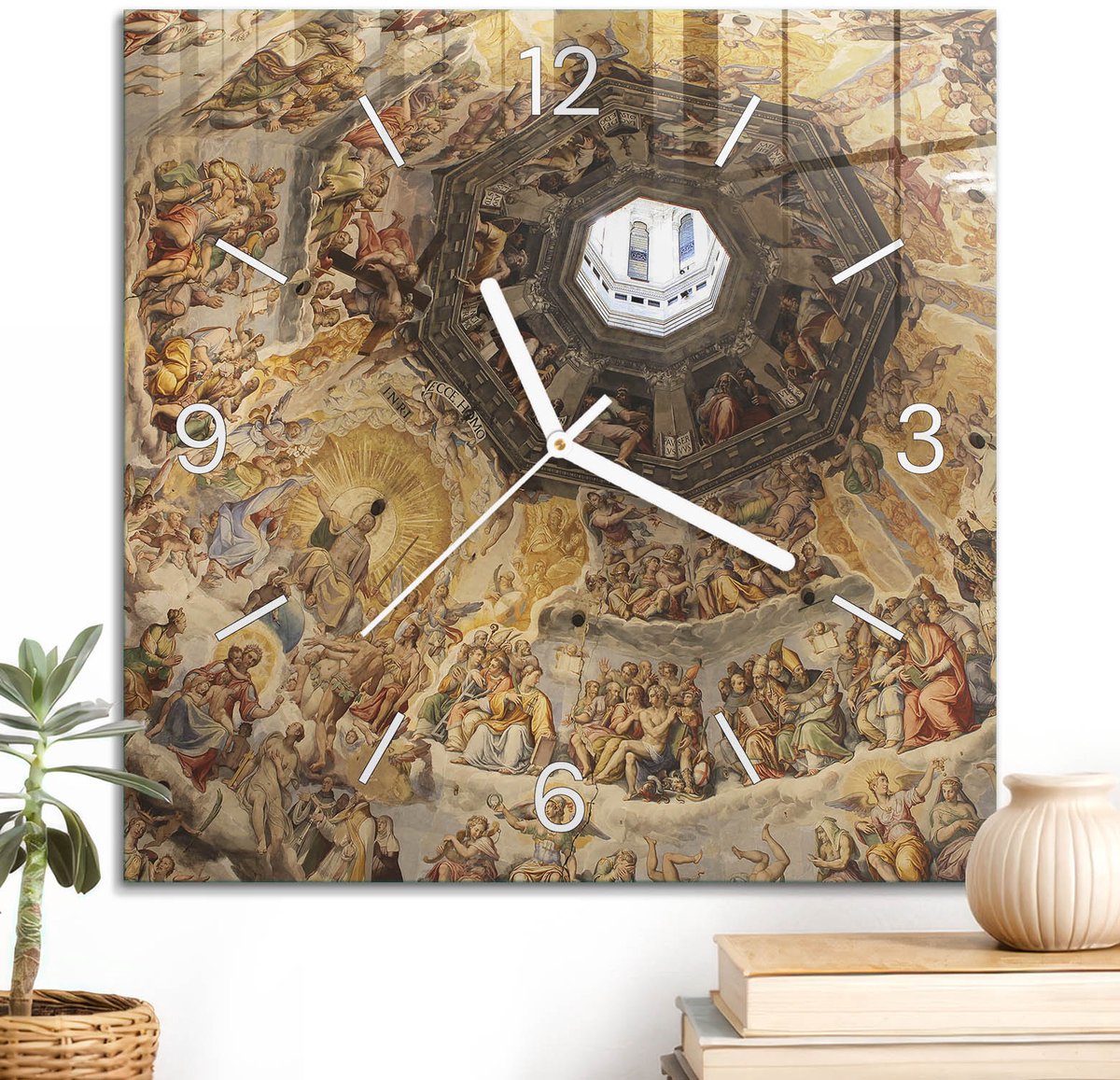 ArtPrintCave Beige Glazen Klok - 30x30 cm - Wandklok Vierkant - Hemelse Fresco Stille Wandklok - Natuur Wandklok Keuken - Witte Klokwijzers