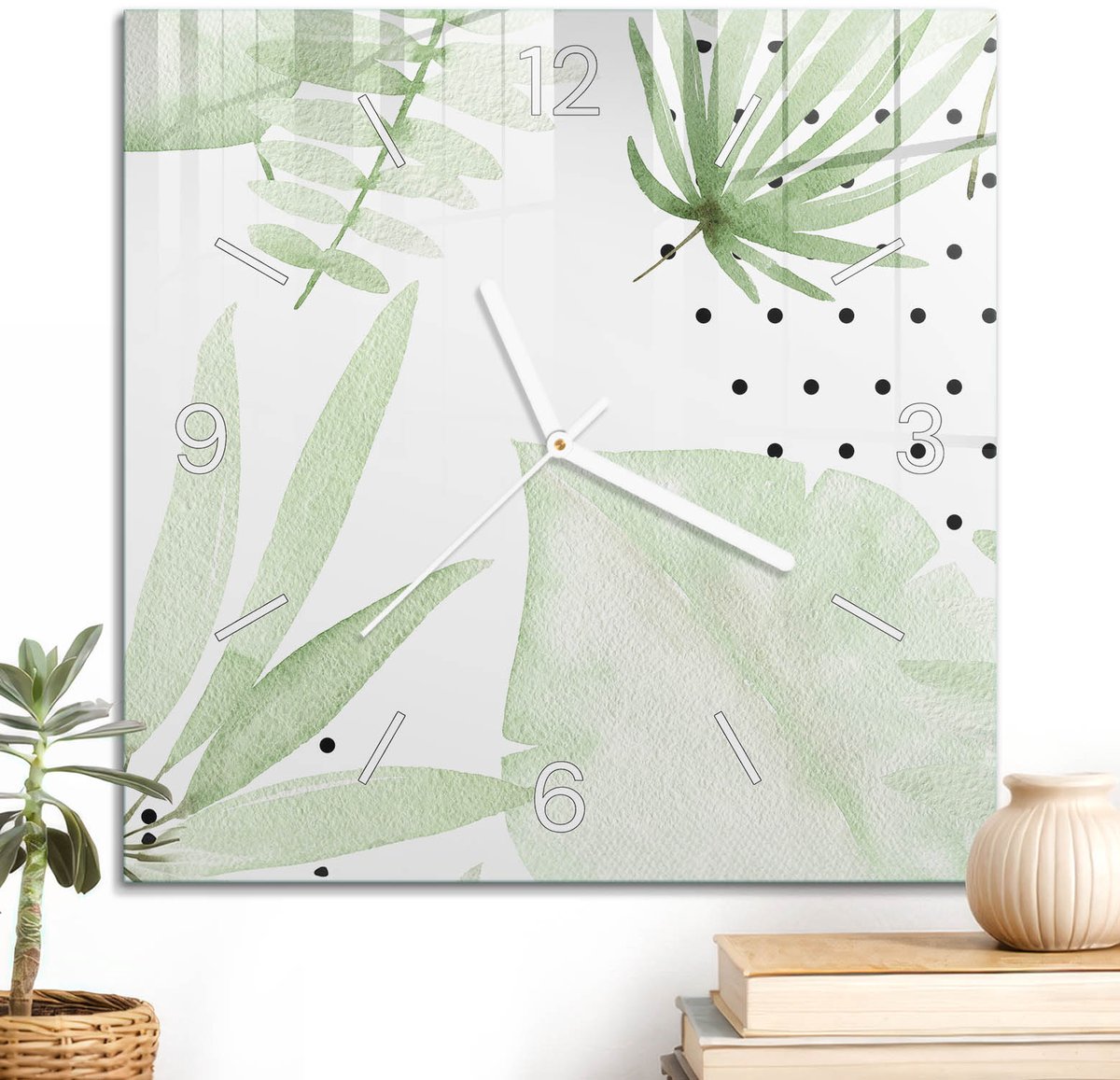 ArtPrintCave Groene Glazen Klok - 30x30 cm - Wandklok Vierkant - Groene Bladeren Stille Wandklok - Abstractie Wandklok Keuken - Witte Klokwijzers