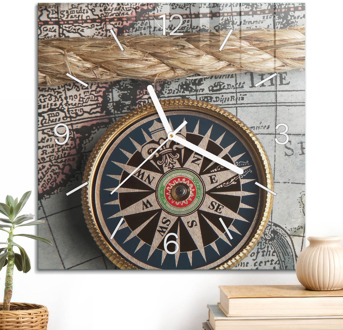 ArtPrintCave Beige Glazen Klok - 30x30 cm - Wandklok Vierkant - Reiscursus Unieke Klok - Natuur Stille Wandklok - Witte Klokwijzers