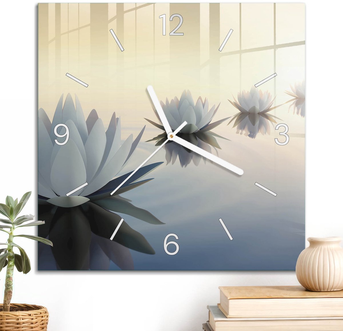 ArtPrintCave Romig Glazen Klok - 30x30 cm - Wandklok Vierkant - Meditatieve Harmonie Unieke Klok - Kunst Stille Wandklok - Witte Klokwijzers