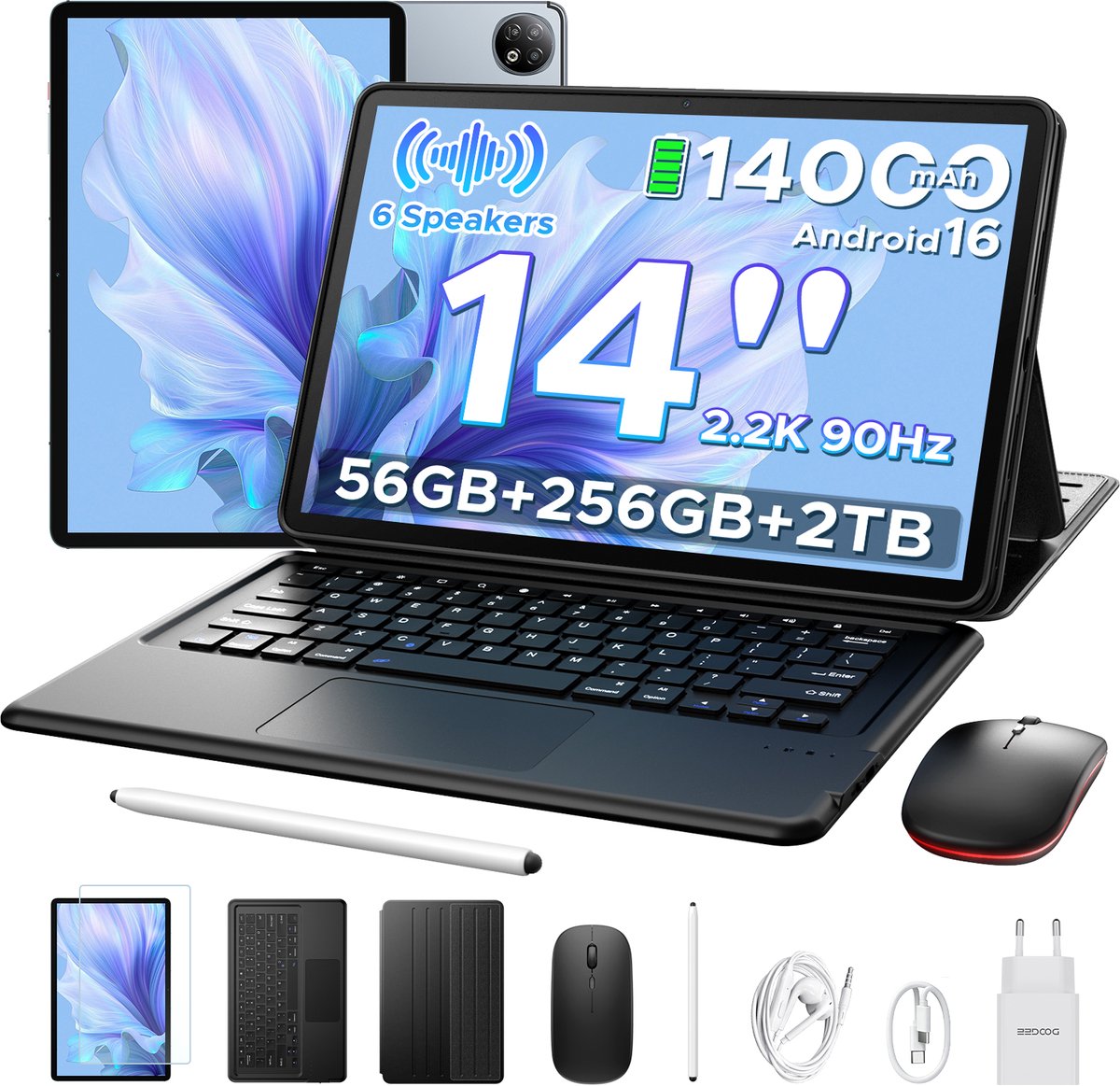 DOOGEE U14 VIP- Tablet - 56 GB RAM (6+50 GB) + 256 ROM (2TB/TF) - GAMINI AI - 14 inch 2.2K+90 Hz - 14000 mAh/33W - 6 Speaker -Android 16 -RK3576S AI- inclusief muis - Stylus - toetsenbord- Beschermhoes - Schermbeschermer - Grijs