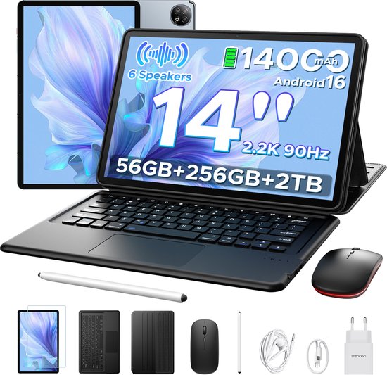 Tablet met toetsenbord, muis en stylus. 14 inch scherm met "Android 16" en "14000 mAh".