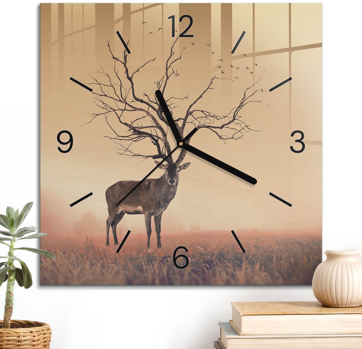 ArtPrintCave Oranje Glazen Klok - 30x30 cm - Wandklok Vierkant - Surrealistische Visie Stille Wandklok - Natuur Wandklok Keuken - Zwarte Klokwijzers