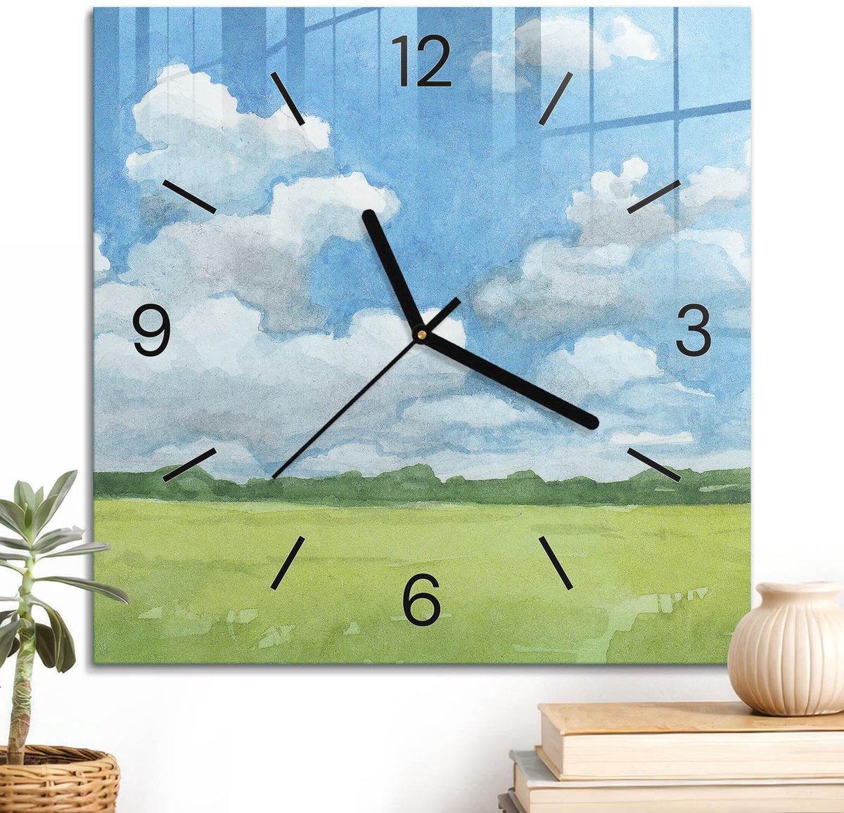 ArtPrintCave Blauw Glazen Klok - 30x30 cm - Wandklok Vierkant - Zomerpanorama Stille Wandklok - Natuur Wandklok Keuken - Zwarte Klokwijzers