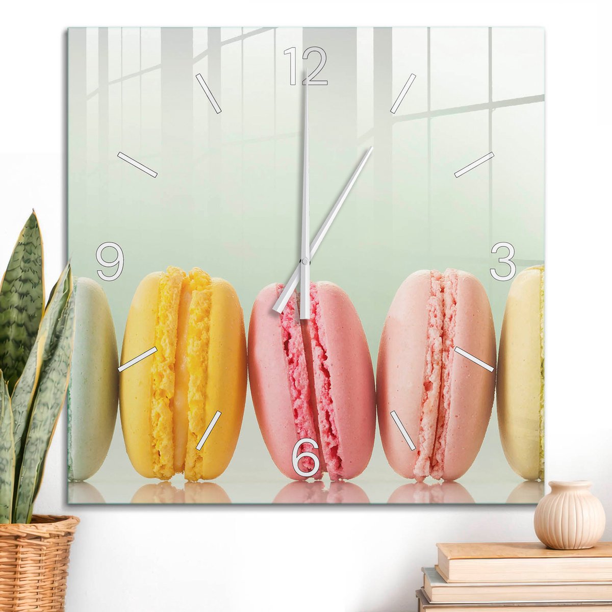 ArtPrintCave Roze Glazen Klok - 60x60 cm - Wandklok Vierkant - Kleurrijke Macarons Stille Wandklok - Abstractie Wandklok Keuken - Witte Klokwijzers
