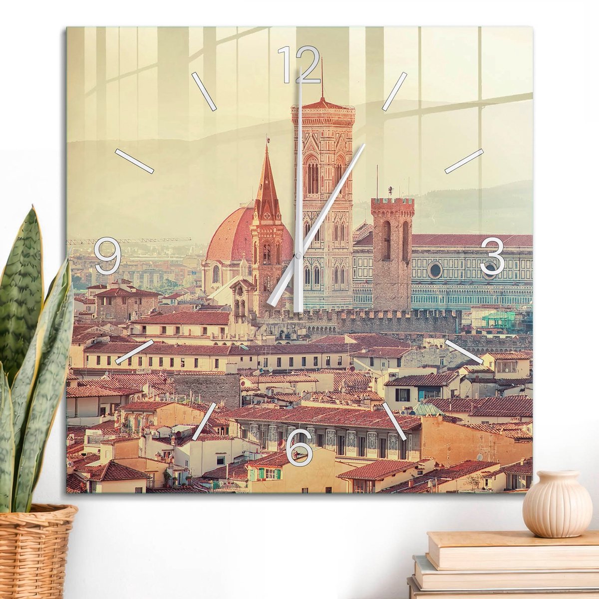 ArtPrintCave Beige Glazen Klok - 60x60 cm - Wandklok Vierkant - Historisch Landschap Stille Wandklok - Steden Wandklok Keuken - Witte Klokwijzers