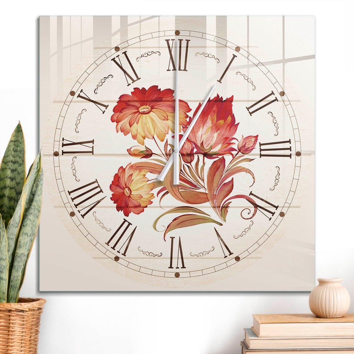 ArtPrintCave Romig Glazen Klok - 60x60 cm - Wandklok Vierkant - Bloemenklok Stille Wandklok - Bloemen En Planten Wandklok Keuken - Witte Klokwijzers